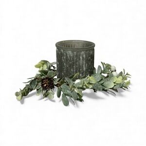 Rustic Mottled Gray Glass Candle Holder w/ Holiday 4” Candle Ring & Pinecones